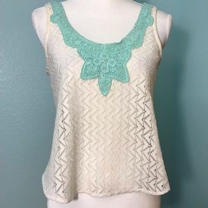 Lush Cream Crochet Top w/mint green neckline